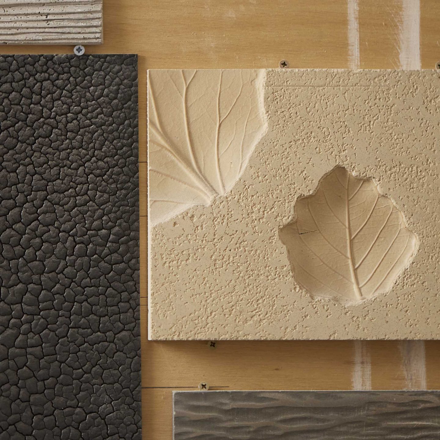 Close-up of Armourcoat decorative surface samples featuring textured and leaf-imprinted finishes.