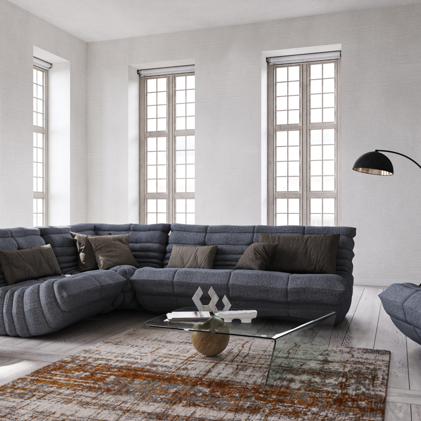 Large luxury lounge with big window and grey sofas using Armourcoat light coloured Stratastone Polished Plaster finish on walls