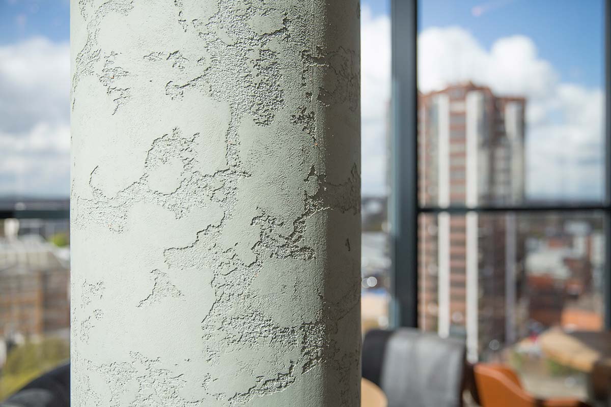 Detail of granite polished plaster luxury finish, applied to column at Rofuto Restaurant, Park Regis Hotel, Birmingham