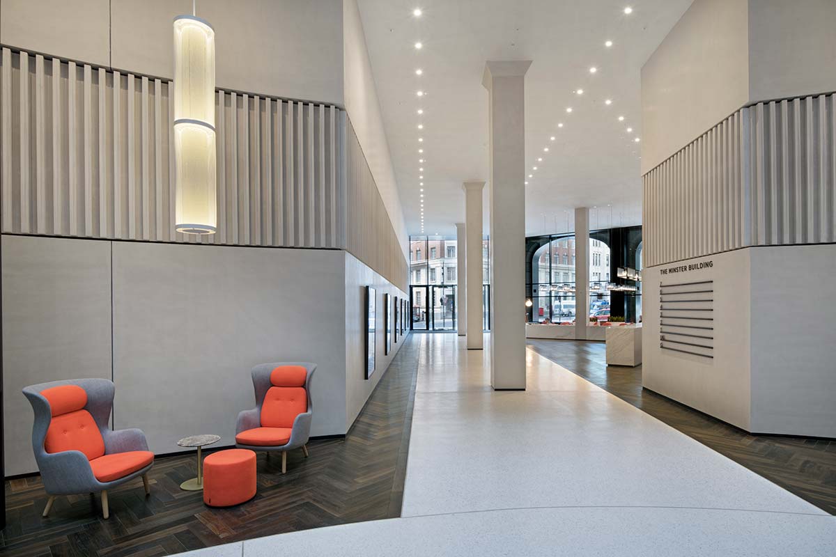 Armourcoat acoustic plaster system on ceiling at commercial Minster Building, London